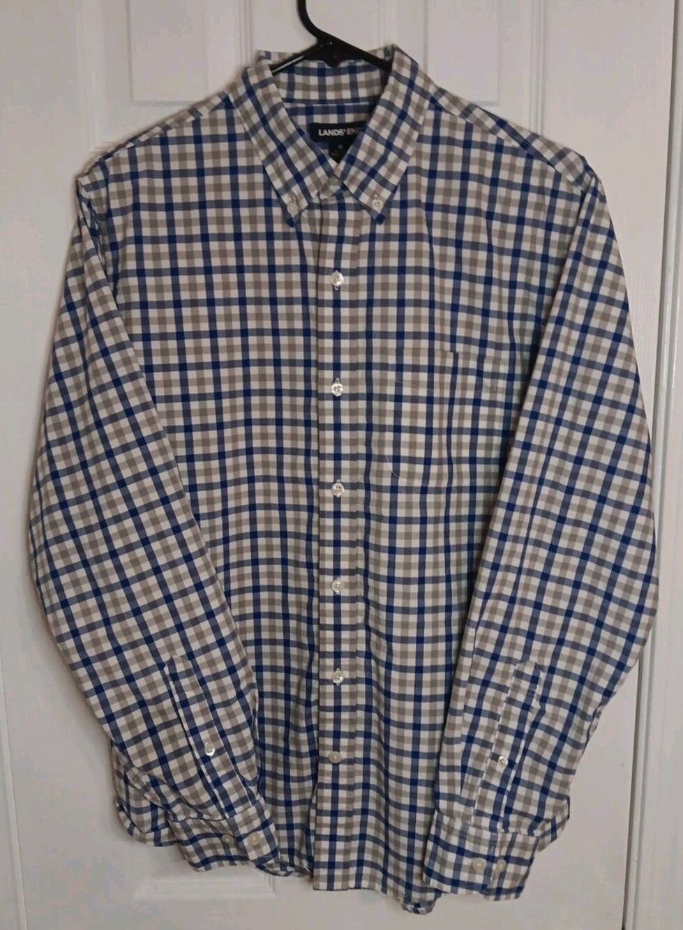 Lands End Mens Medium Button Up Long Sleeve Shirt  Blue Check